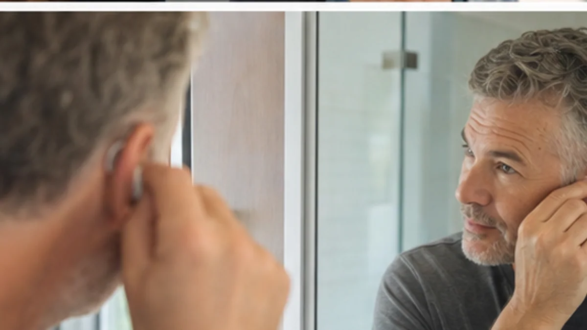 Adult touching the ear while sound feels blocked from conductive hearing loss