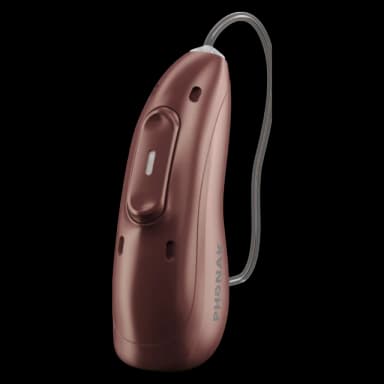 Phonak Audéo EON Sphere rechargeable receiver-in-canal hearing aid in Sienna Red, shown with receiver wire