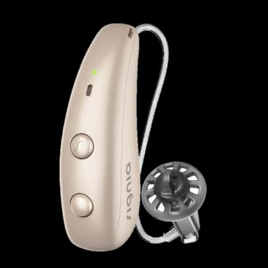 Signia Pure Charge&Go MaX rechargeable hearing aid in beige, shown with receiver and dome