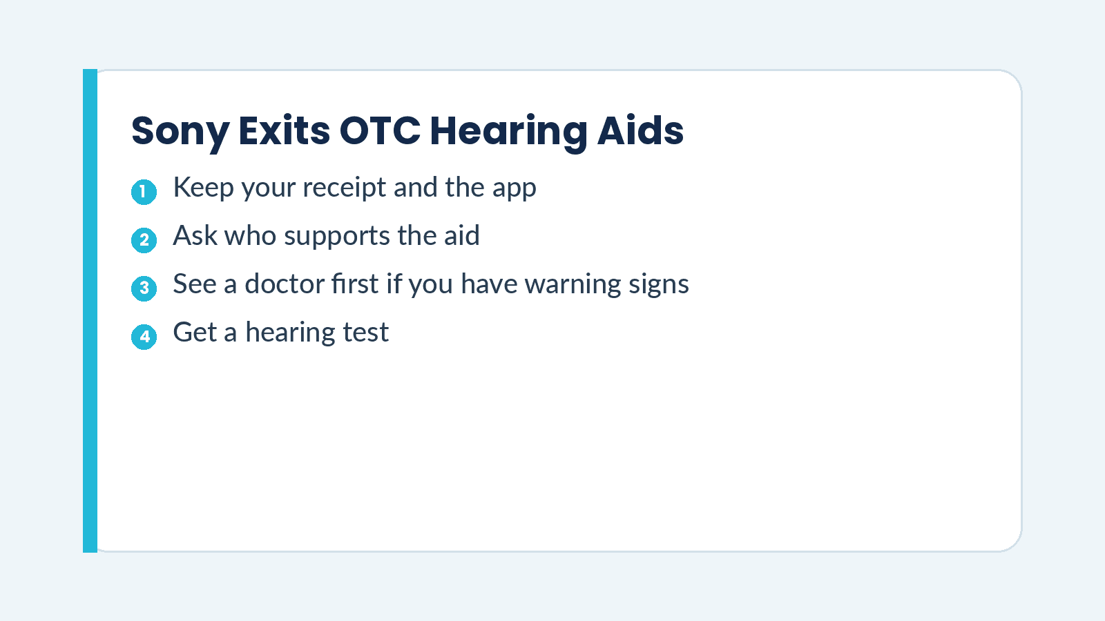 Diagram of an earbud-style hearing aid beside a checklist for owners and buyers after Sony left the over-the-counter hearing aid market