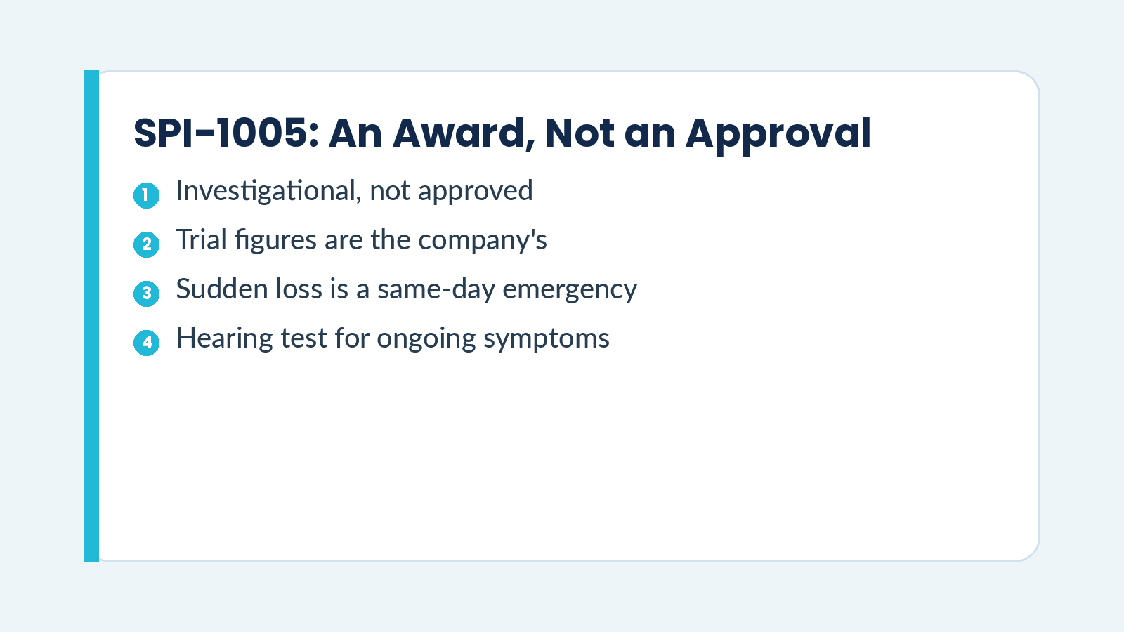 Timeline graphic showing an investigational drug moving from a trial result to FDA review, with a note that sudden hearing loss needs a doctor the same day