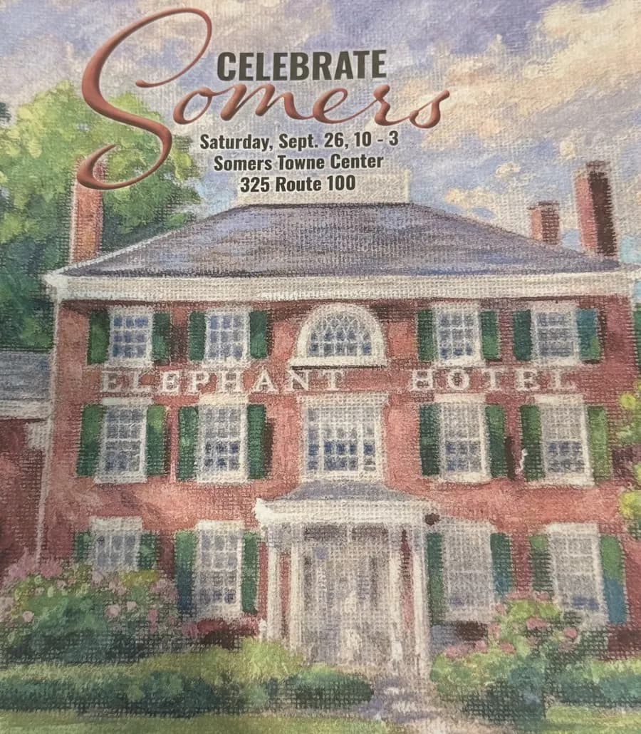Cover of the Celebrate Somers 2026 edition, a painting of the Elephant Hotel in Somers, NY