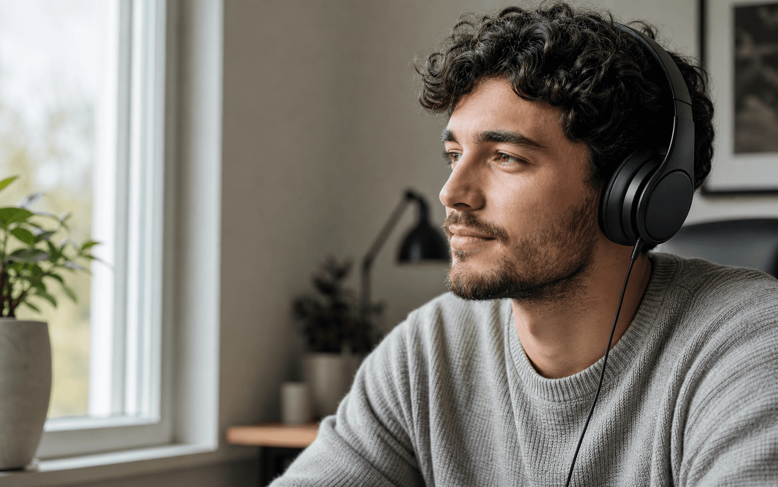 Adult listening with over-ear headphones at home