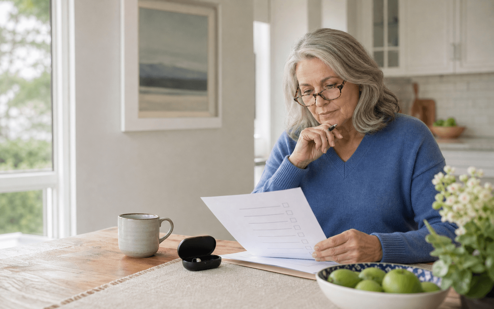 Adult reviewing hearing care options at home
