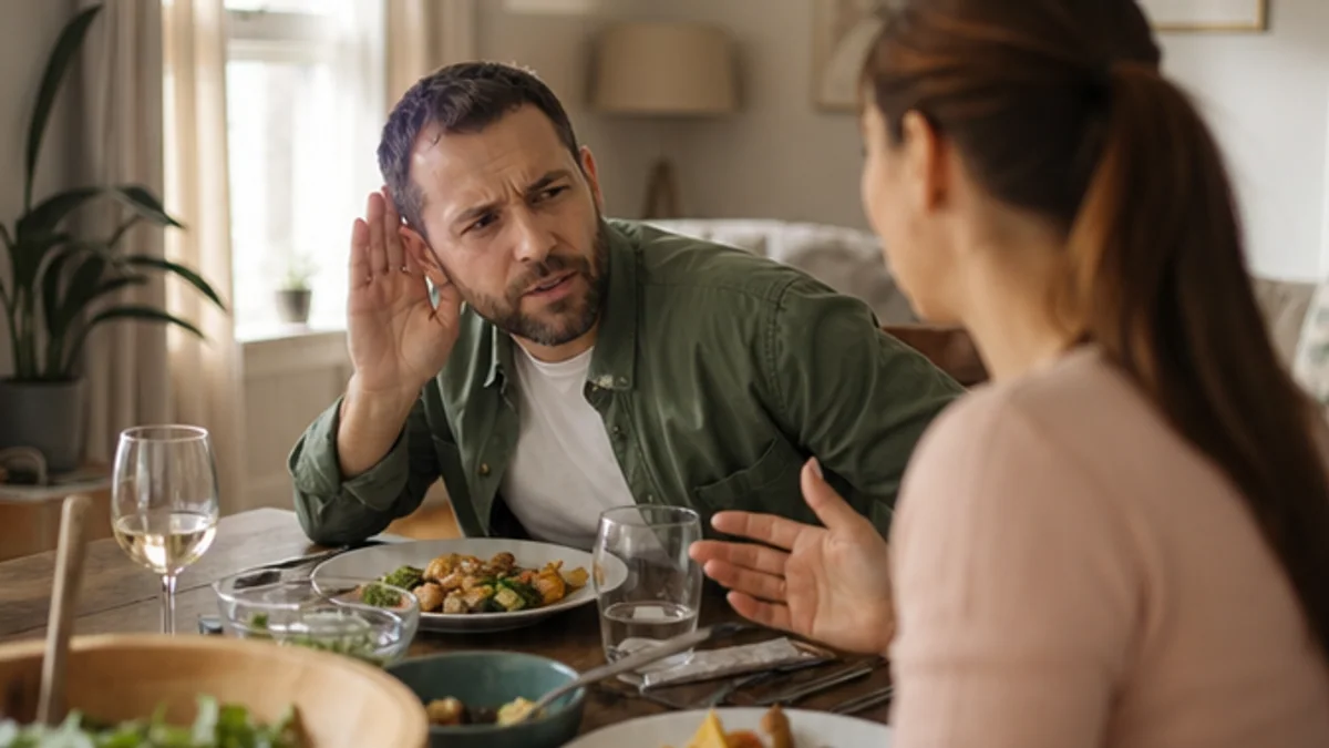 Family member gently talking with an older adult about noticing hearing changes