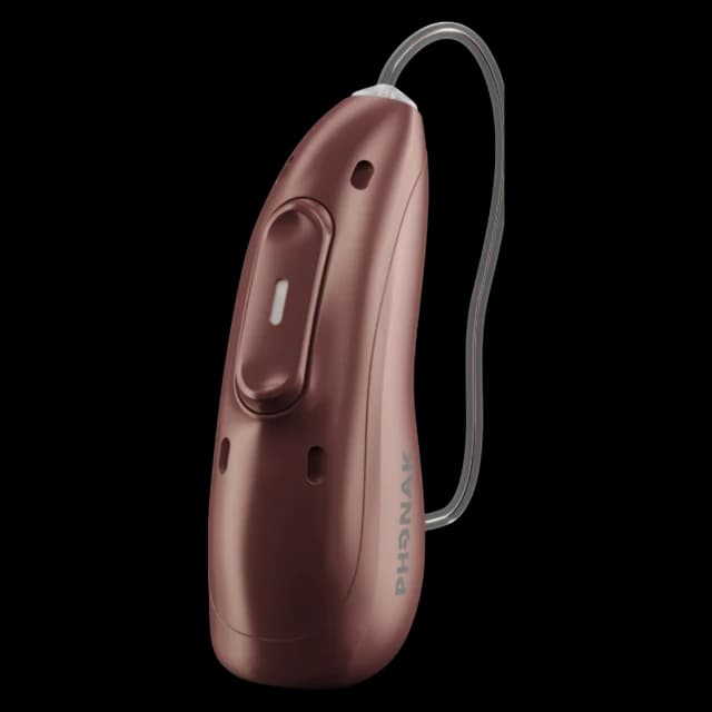 Phonak Audéo EON Sphere rechargeable receiver-in-canal hearing aid in Sienna Red, shown with receiver wire