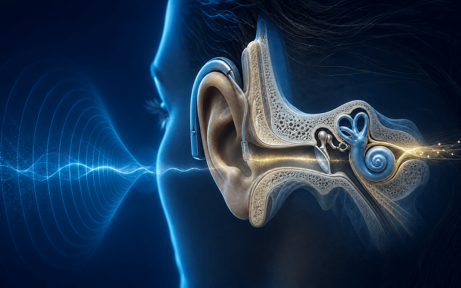 Cutaway illustration of the human ear showing the ear canal, eardrum, ossicles and cochlea, with a behind-the-ear hearing aid in place and a sound wave entering from the left.
