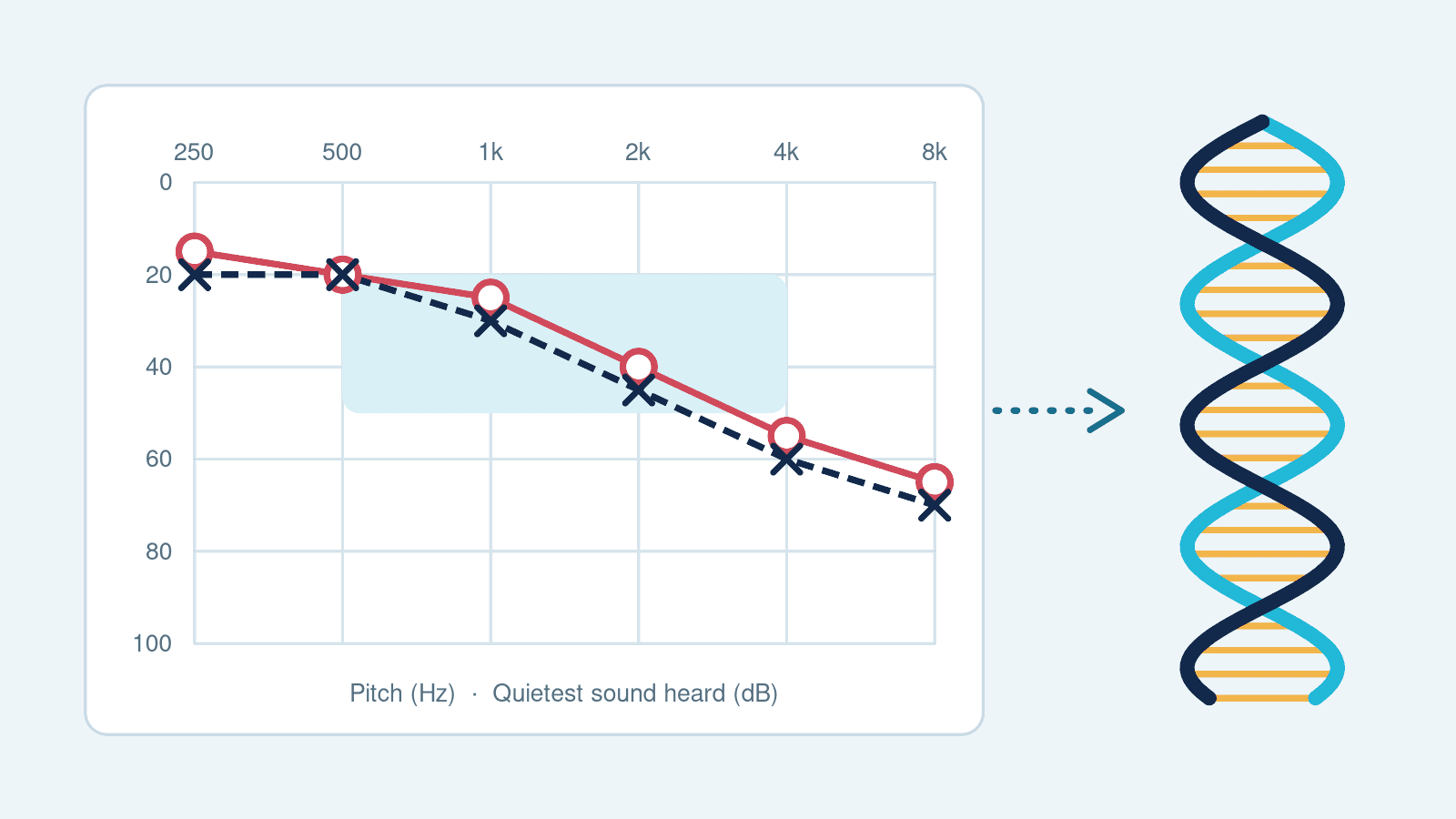 Audiogram chart of hearing thresholds beside a DNA helix, illustrating precision hearing care in Westchester