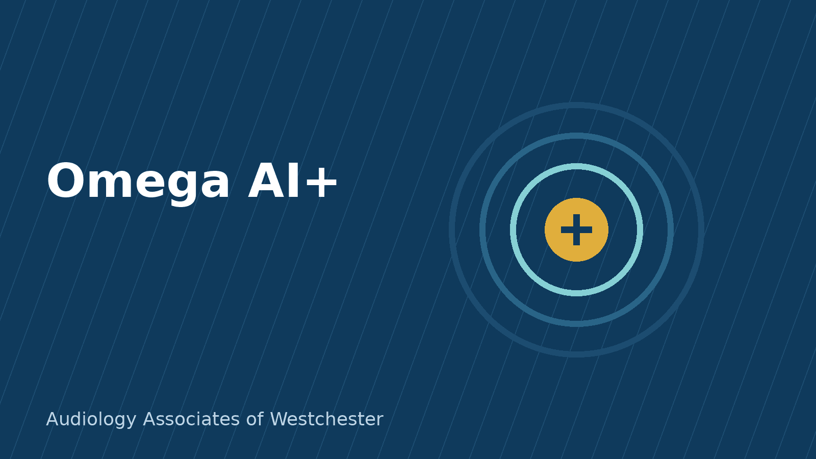 Concentric rings around a gold plus sign, illustrating the next step in the Starkey Omega AI hearing aid platform, Omega AI+
