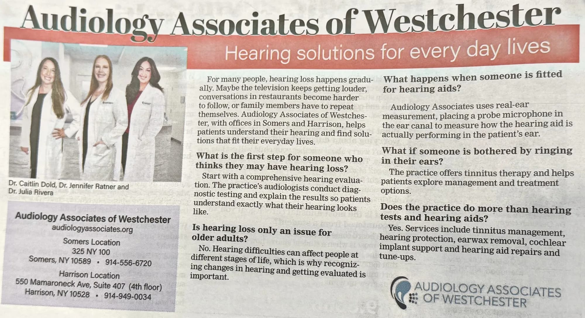 Newspaper page from the Celebrate Somers 2026 edition: Audiology Associates of Westchester, Hearing solutions for every day lives, with a photo of Dr. Caitlin Dold, Dr. Jennifer Ratner and Dr. Julia Rivera